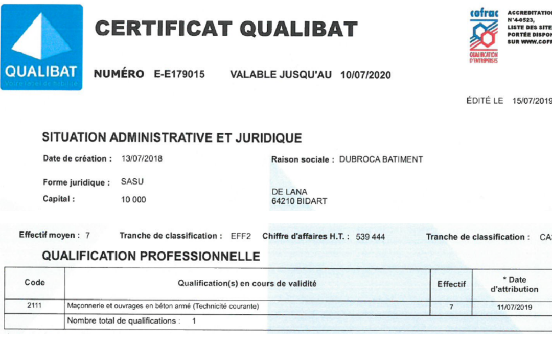 Obtention de la certification Qualibat 2111 Maçonnerie et ouvrages en béton armé